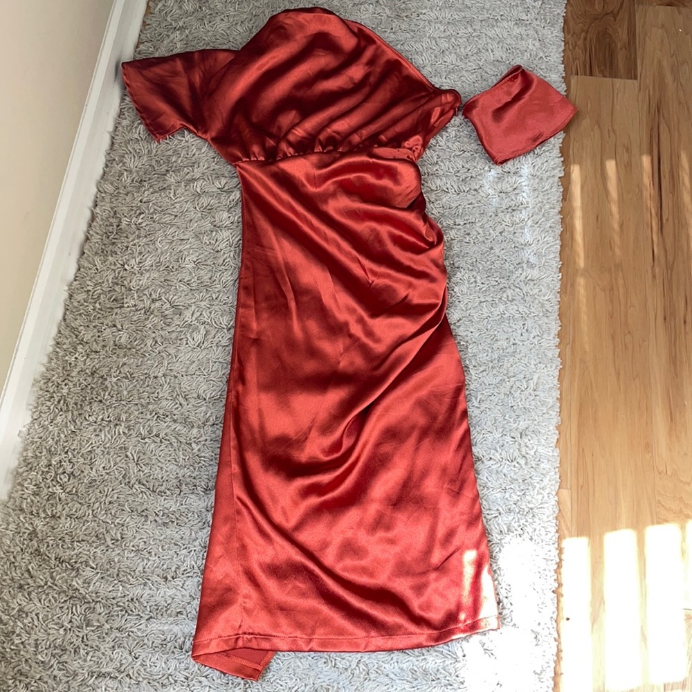 Rust Satin One Shoulder Ruched Skirt Midi